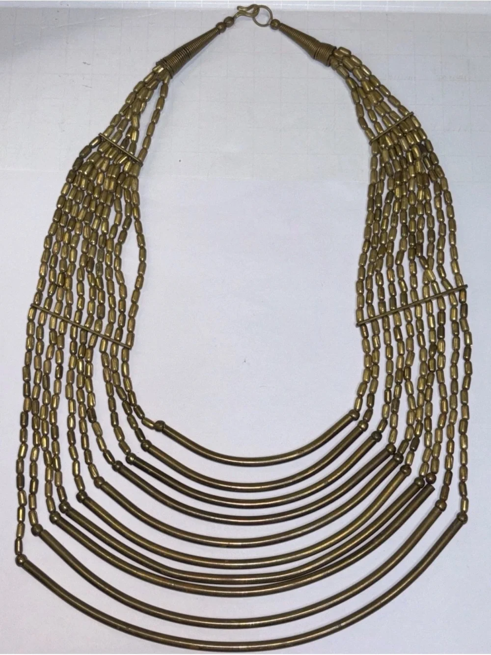 Vintage Metal Beads Curved Bars Tiered Antiqued Gold Tone Bib Statement Necklace